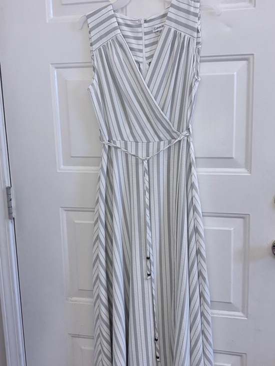 Calvin Klein Dresses & Skirts - Calvin Klein Striped Faux-Wrap Maxi Dress in White and Light Gray